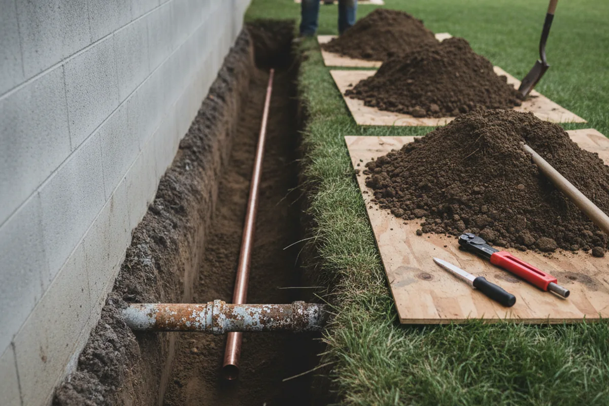 Excavated water line trench during Water Heater Repair in Whiting